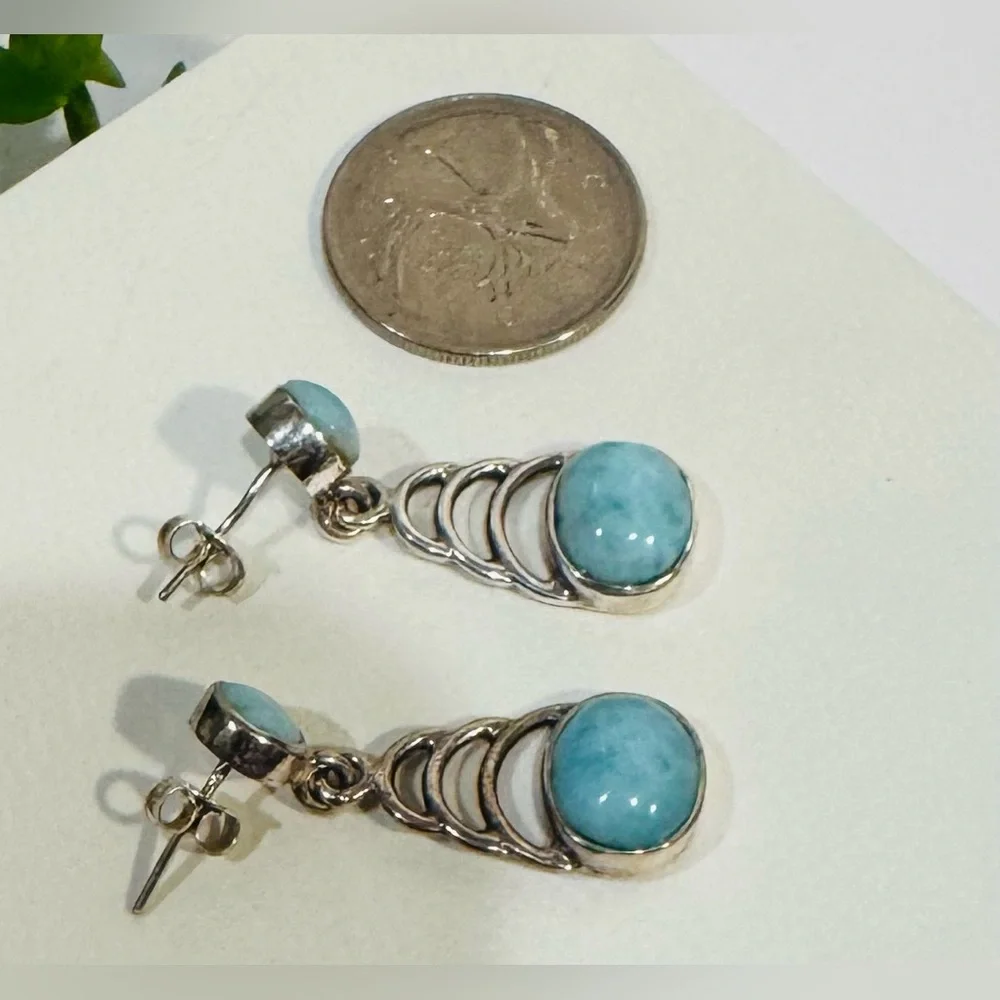 Sterling Silver 925 Larimar Drop Dangle Earrings - Picture 4 of 11